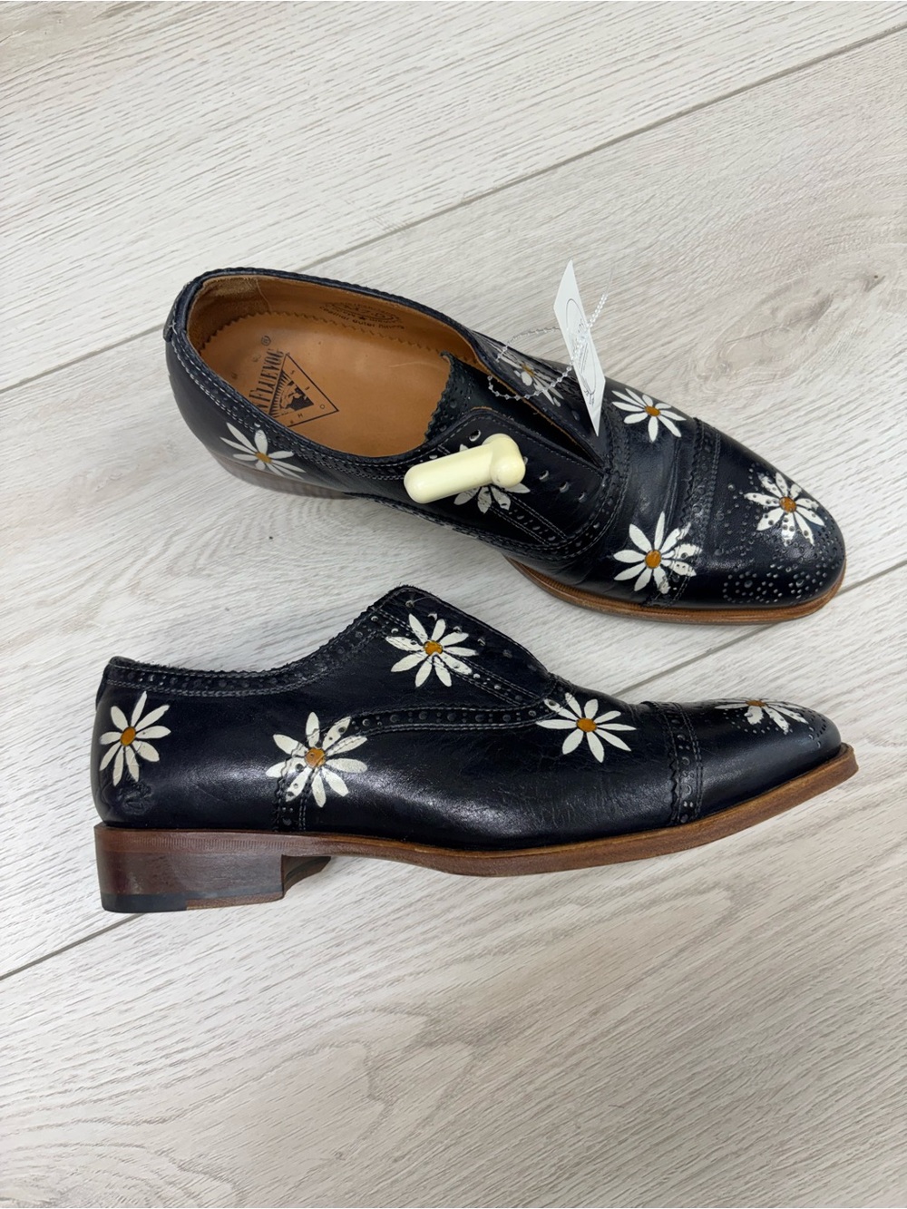 John Fluevog Black Gateway Brandenburg Classic Brogue Shoes with Daisy Motif